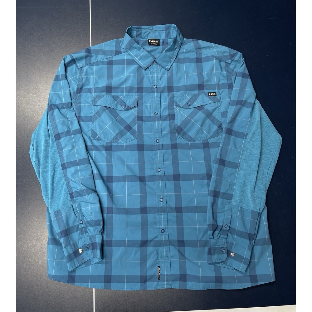 NRS Guide Shirt Men's 2XL Long Sleeve Snap Blue Plaid UPF 50 Nylon Lightweight